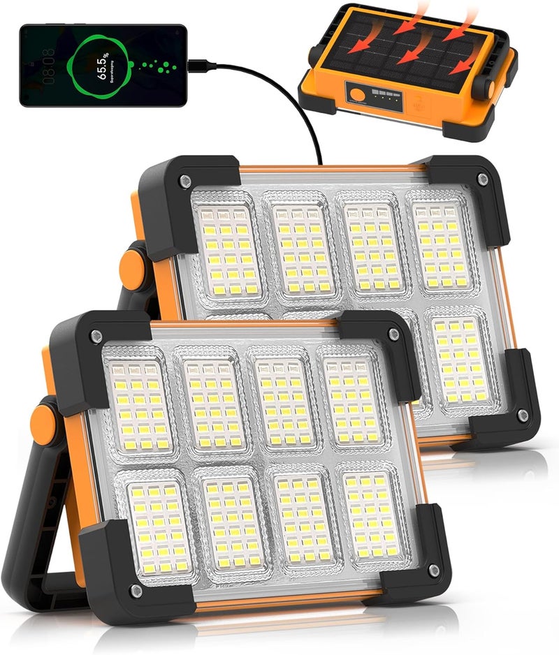 DANCINGBOAR 2 Pack 120W Solar Rechargeable Work Light, 144 LED 10000LM Led Work Light with 4 Modes, Portable Flood Light with Stand, IP66 Waterproof Outdoor Working Light for Emergency Mechanic Camping Repair - Image 1